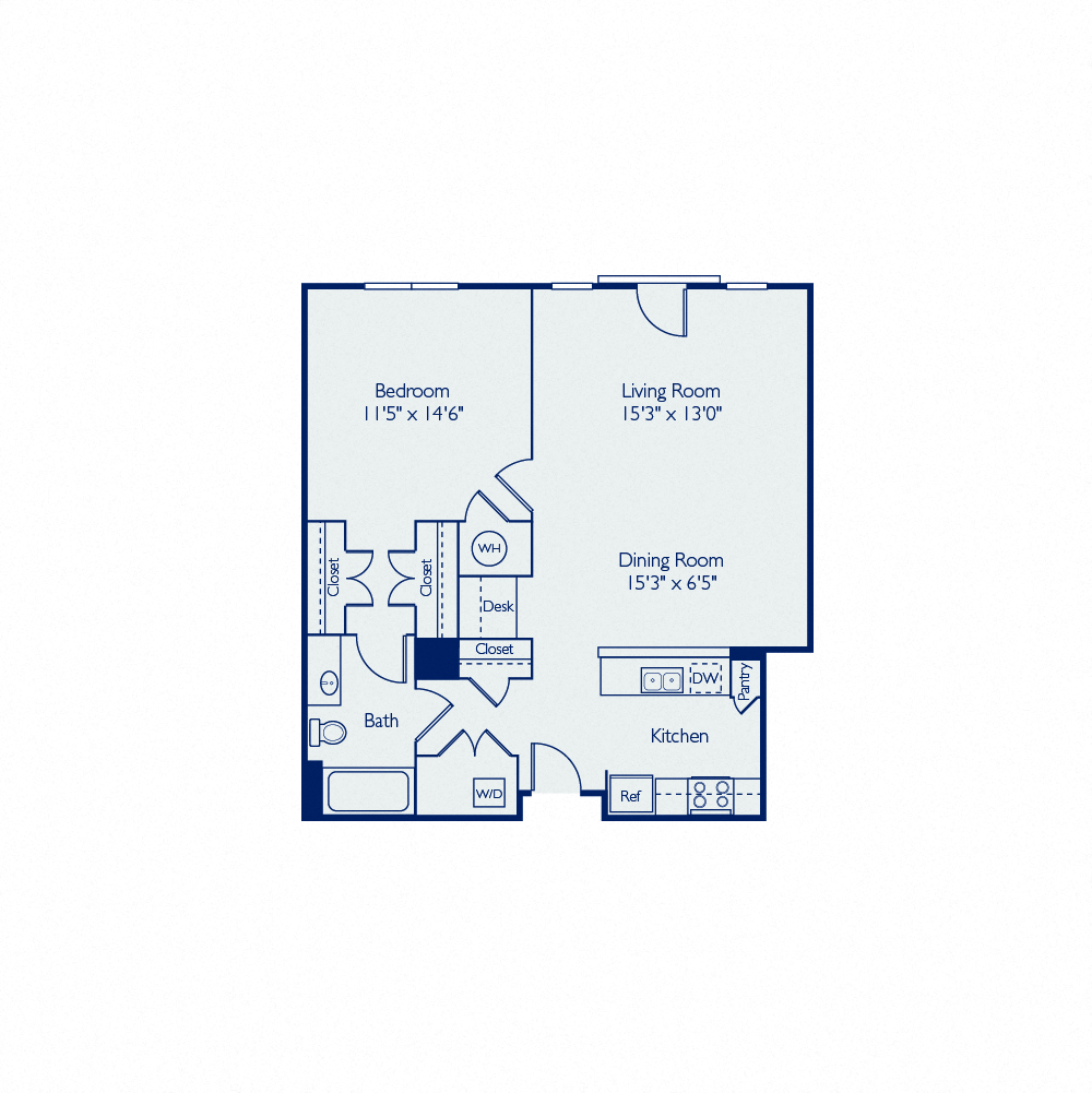 Floor plan for 1 bed, 1 bath, 834 sqft