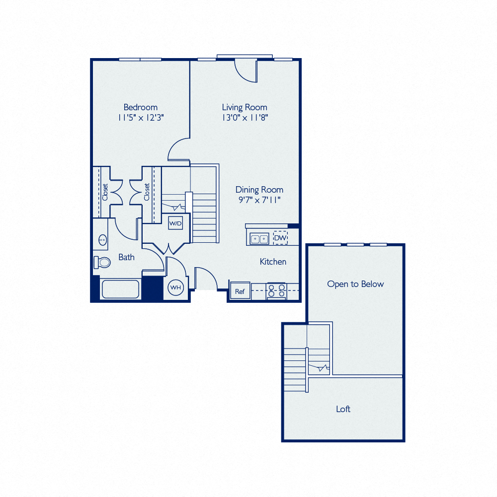 Floor plan for 1 bed, 1 bath, 881 sqft