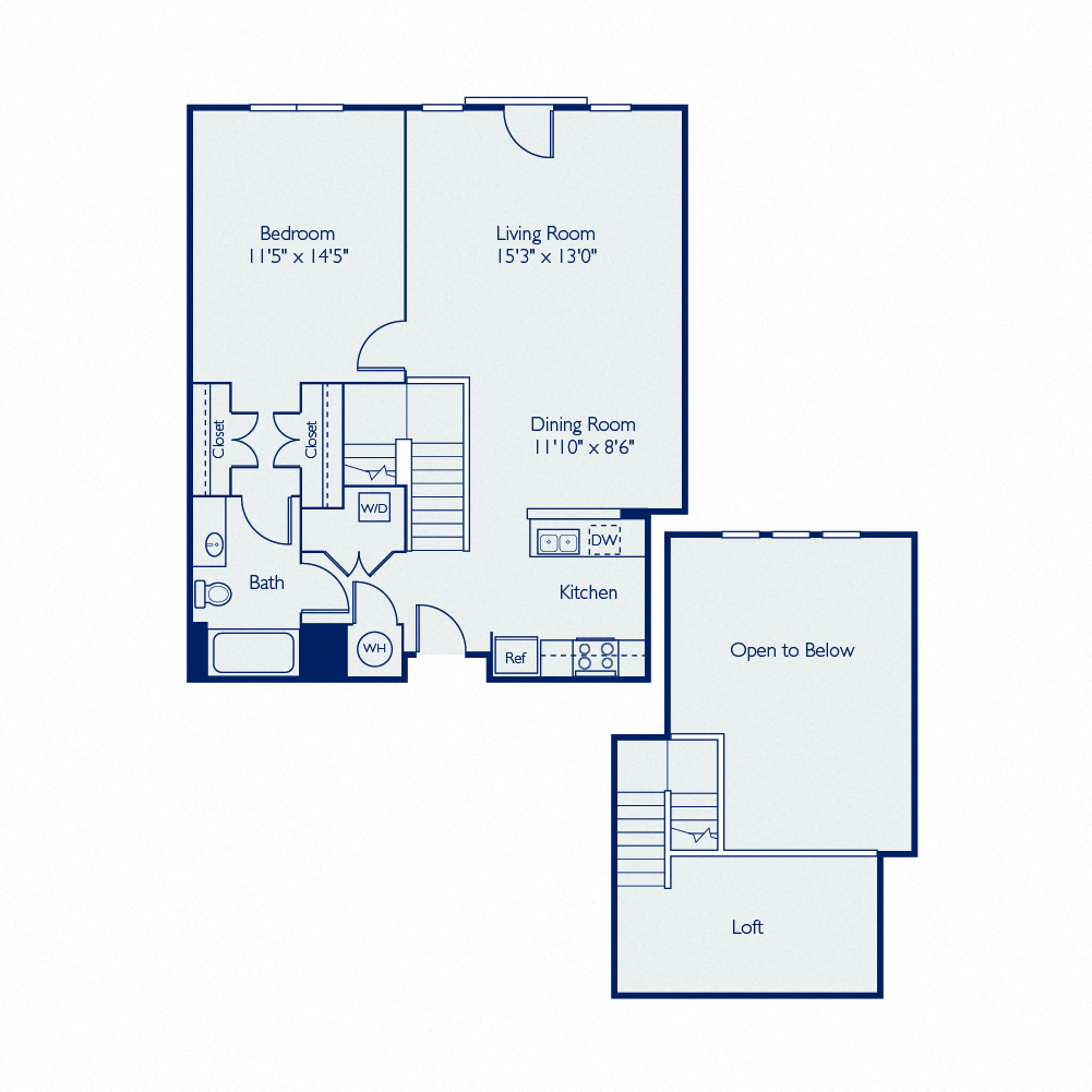 Floor plan for 1 bed, 1 bath, 982 sqft