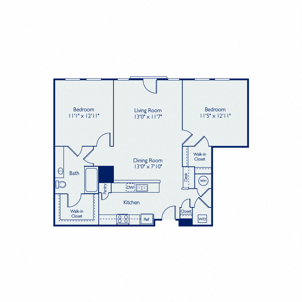 Floor plan for 2 beds, 1 bath, 972 sqft