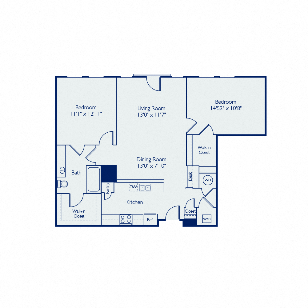Floor plan for 2 beds, 1 bath, 1009 sqft