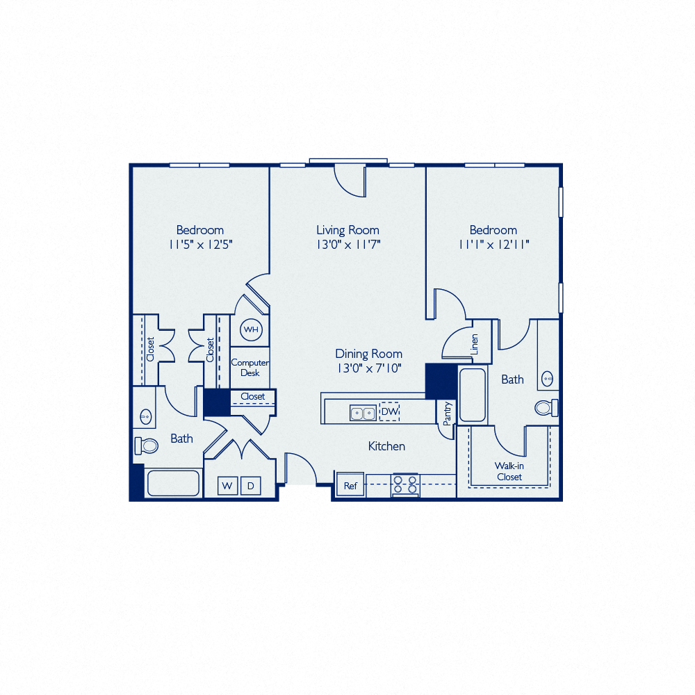Floor plan for 2 beds, 2 baths, 1067 sqft