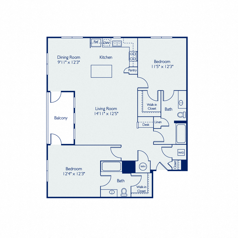 Floor plan for 2 beds, 2 baths, 1163 sqft
