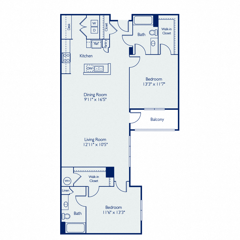 Floor plan for 2 beds, 2 baths, 1251 sqft
