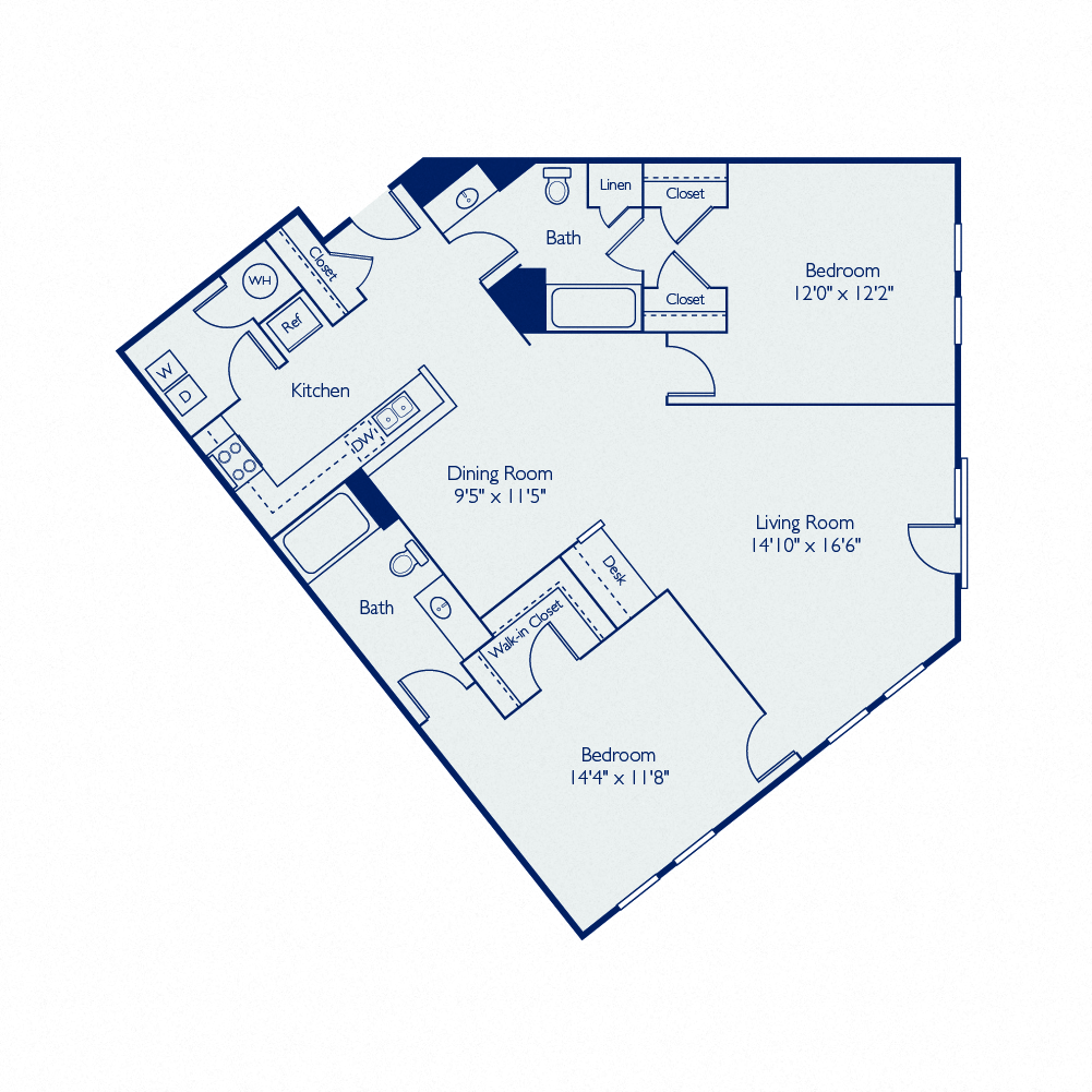 Floor plan for 2 beds, 2 baths, 1258 sqft
