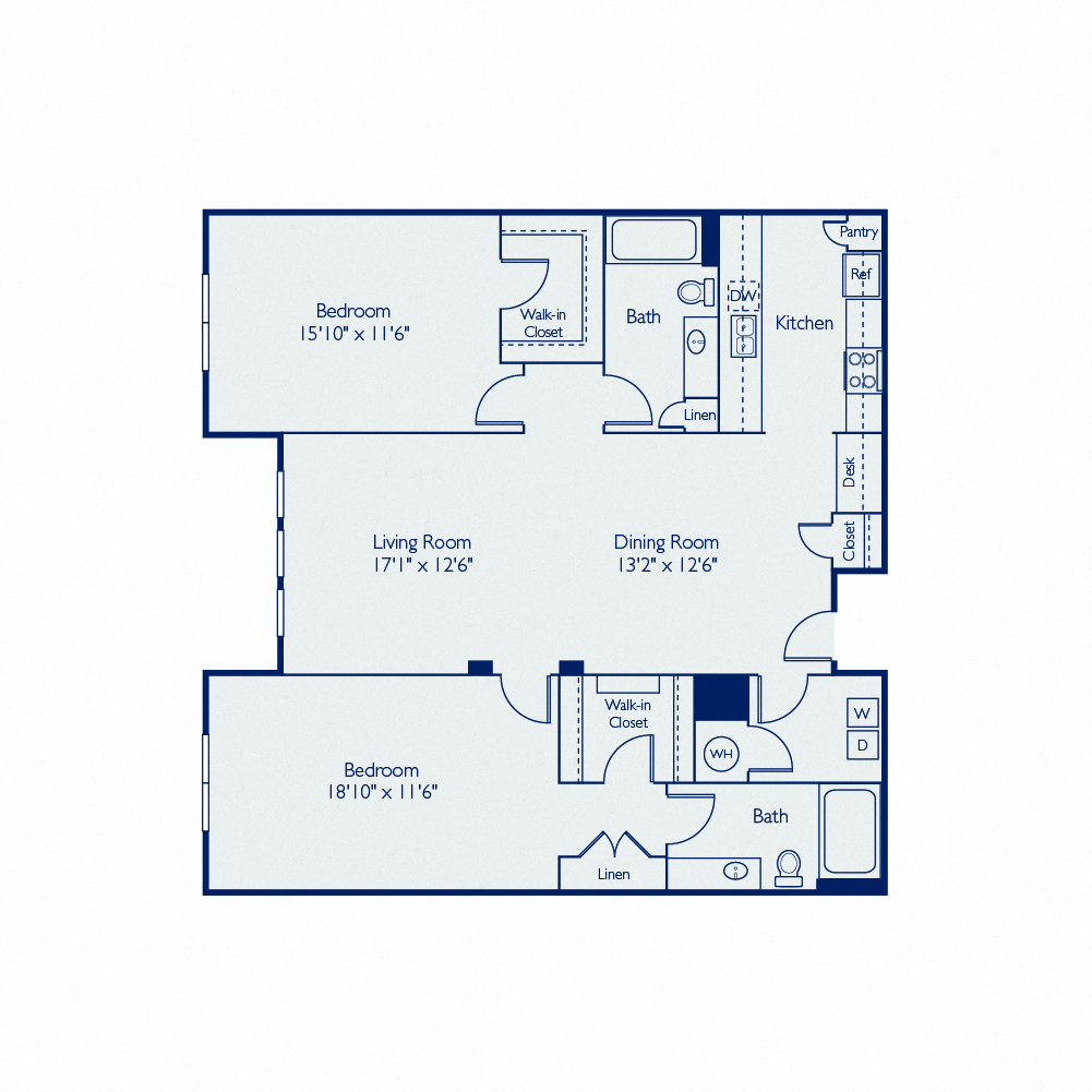 Floor plan for 2 beds, 2 baths, 1304 sqft