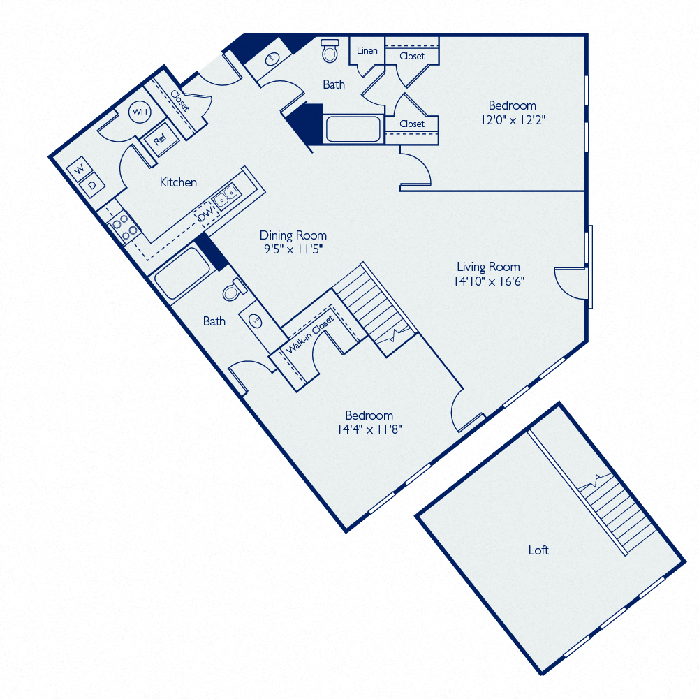 Floor plan for 2 beds, 2 baths, 1464 sqft