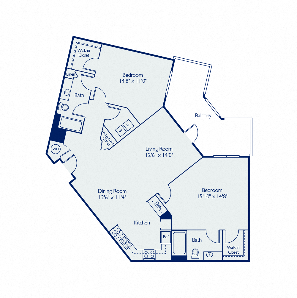 Floor plan for 2 beds, 2 baths, 1334 sqft