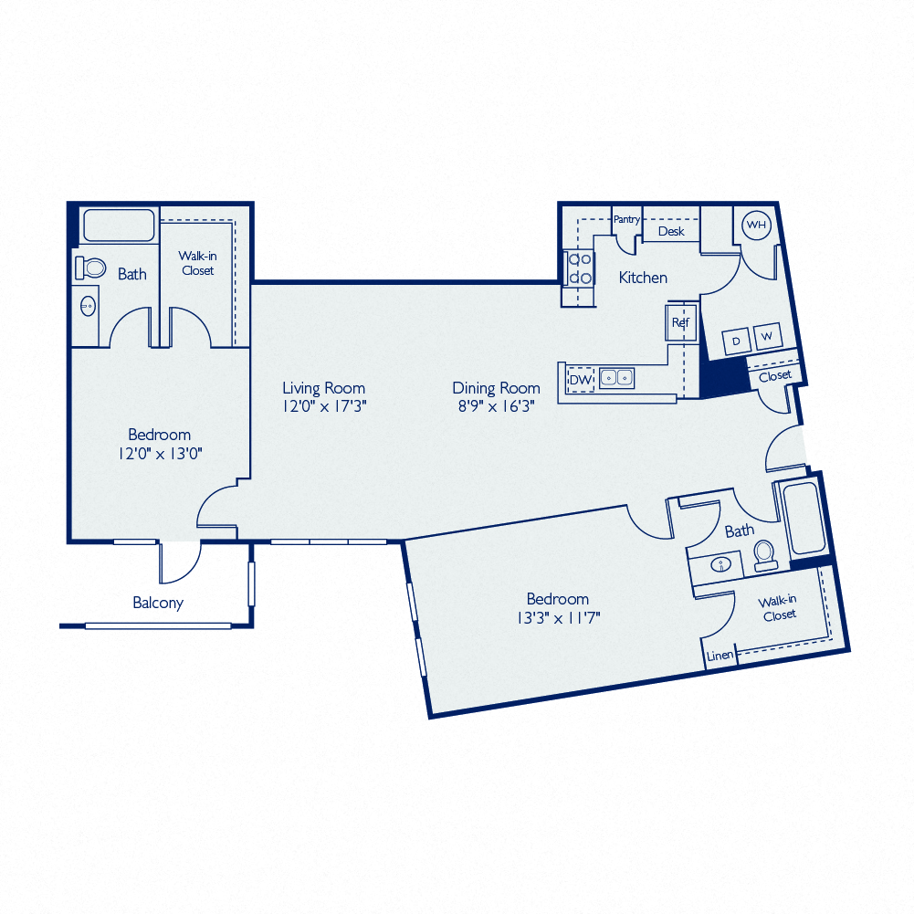 Floor plan for 2 beds, 2 baths, 1271 sqft