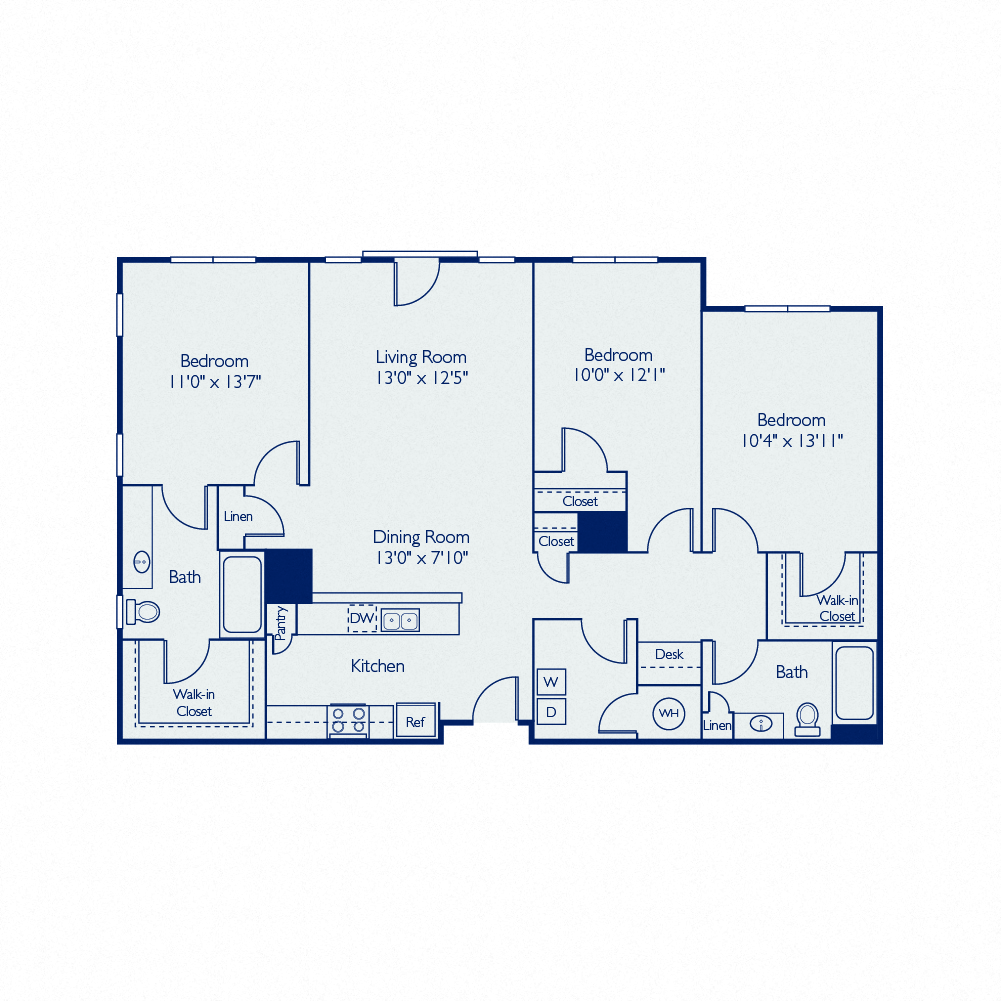 Floor plan for 3 beds, 2 baths, 1300 sqft