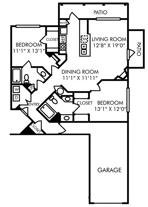 Floor plan for 2 beds, 2 baths, 1233 sqft