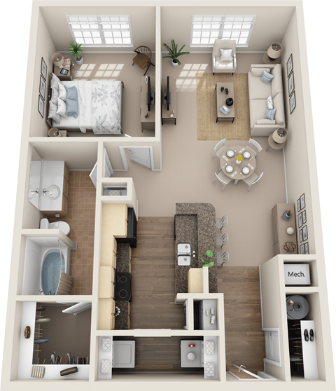 Floor plan for 1 bed, 1 bath, 826 sqft