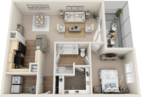 Floor plan for 1 bed, 1 bath, 1008 sqft