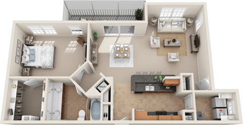 Floor plan for 1 bed, 1 bath, 1216 sqft