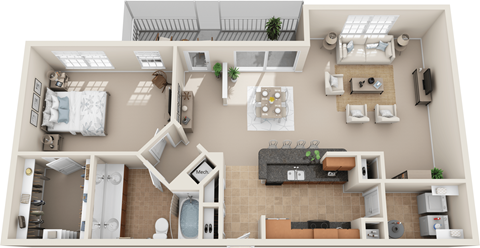 Floor plan for 1 bed, 1 bath, 1283 sqft
