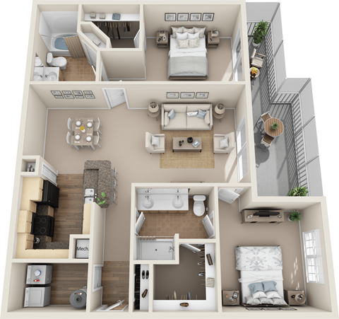 Floor plan for 2 beds, 2 baths, 1388 sqft
