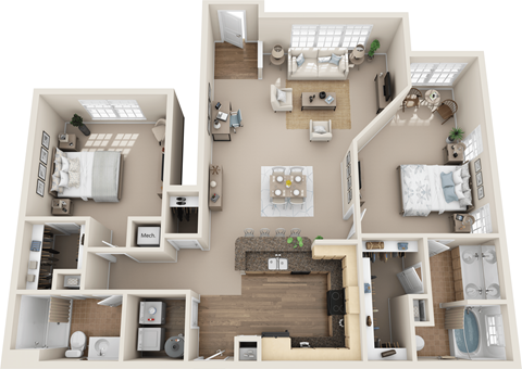 Floor plan for 2 beds, 2 baths, 1486 sqft