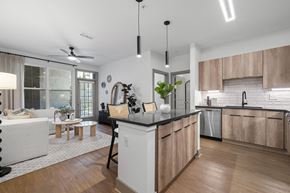 Atlanta apartment for rent - A modern kitchen with wooden cabinets and a black countertop.