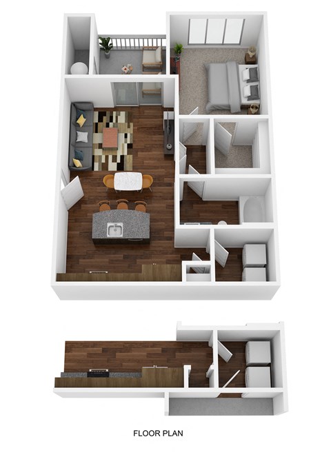 Floor plan for 1 bed, 1 bath, 729 sqft