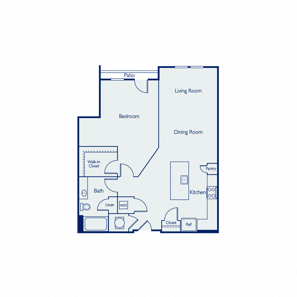Floor plan for 1 bed, 1 bath, 869 sqft
