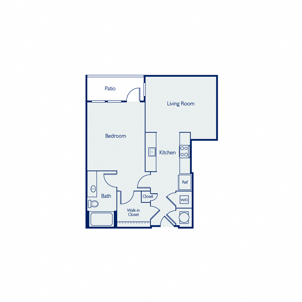 Floor plan for 1 bed, 1 bath, 677 sqft