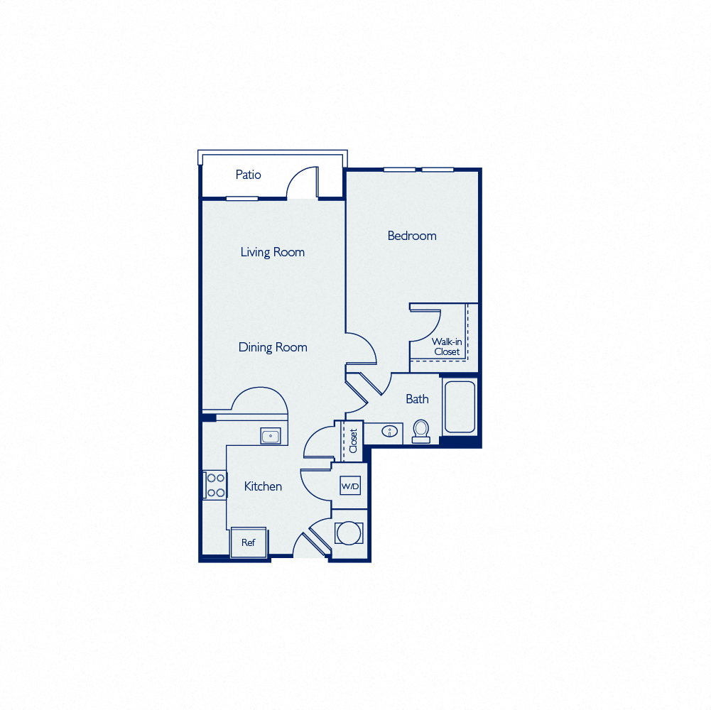 Floor plan for 1 bed, 1 bath, 700 sqft