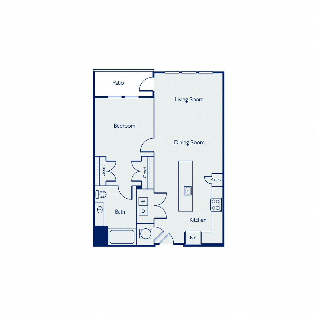 Floor plan for 1 bed, 1 bath, 785 sqft
