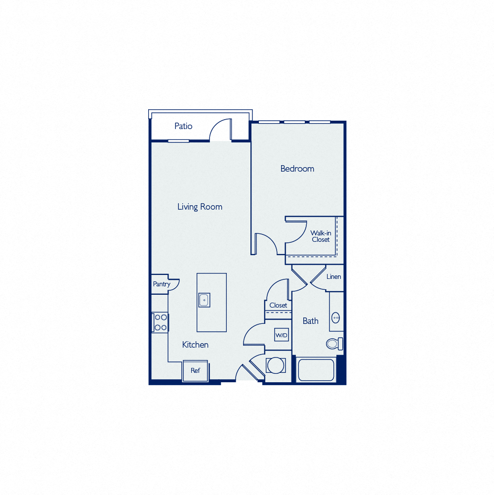 Floor plan for 1 bed, 1 bath, 807 sqft