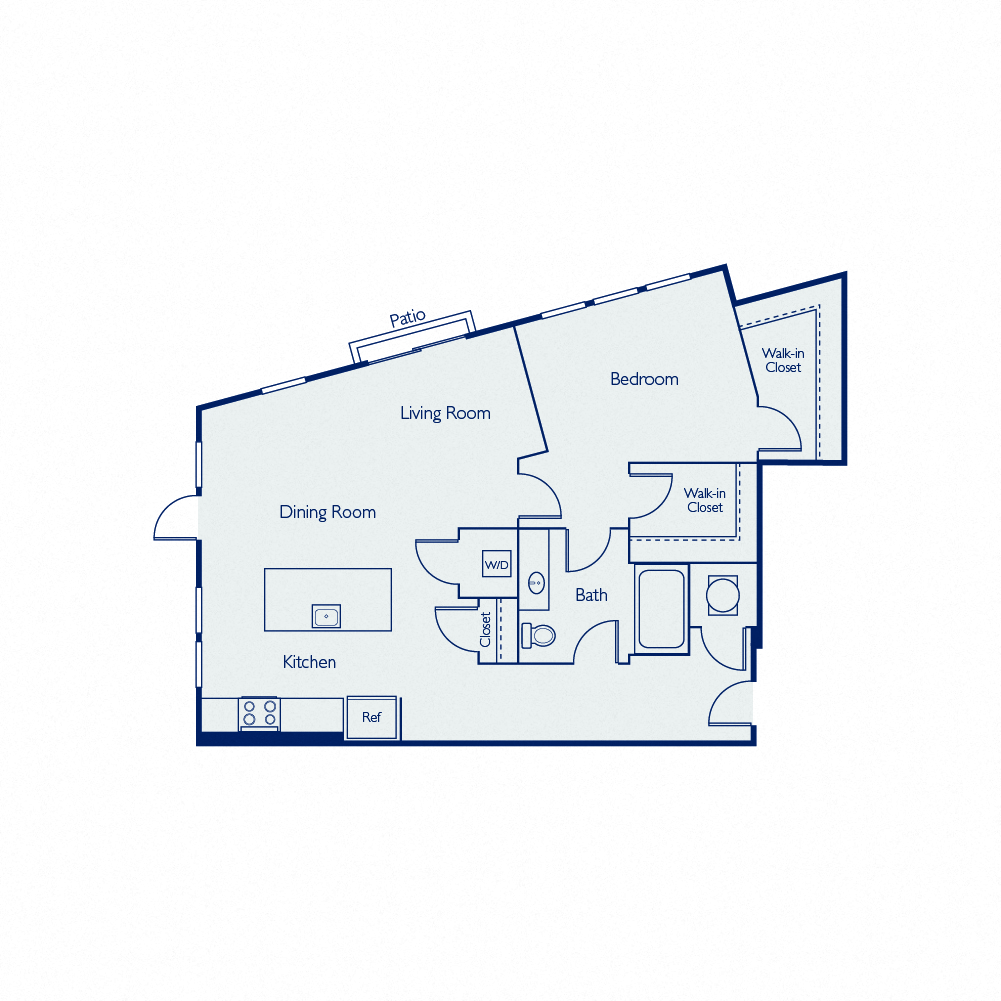 Floor plan for 1 bed, 1 bath, 883 sqft