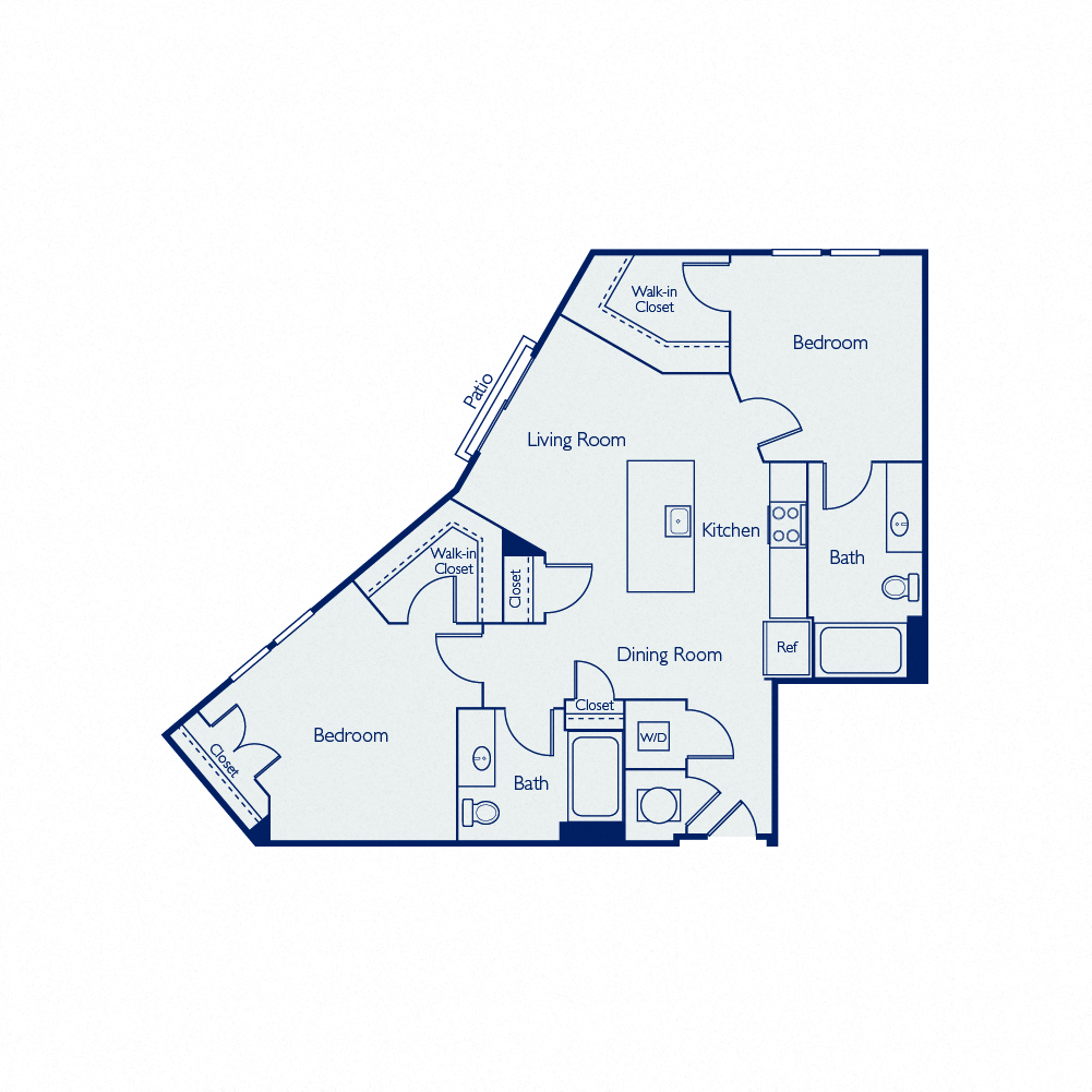 Floor plan for 2 beds, 2 baths, 972 sqft