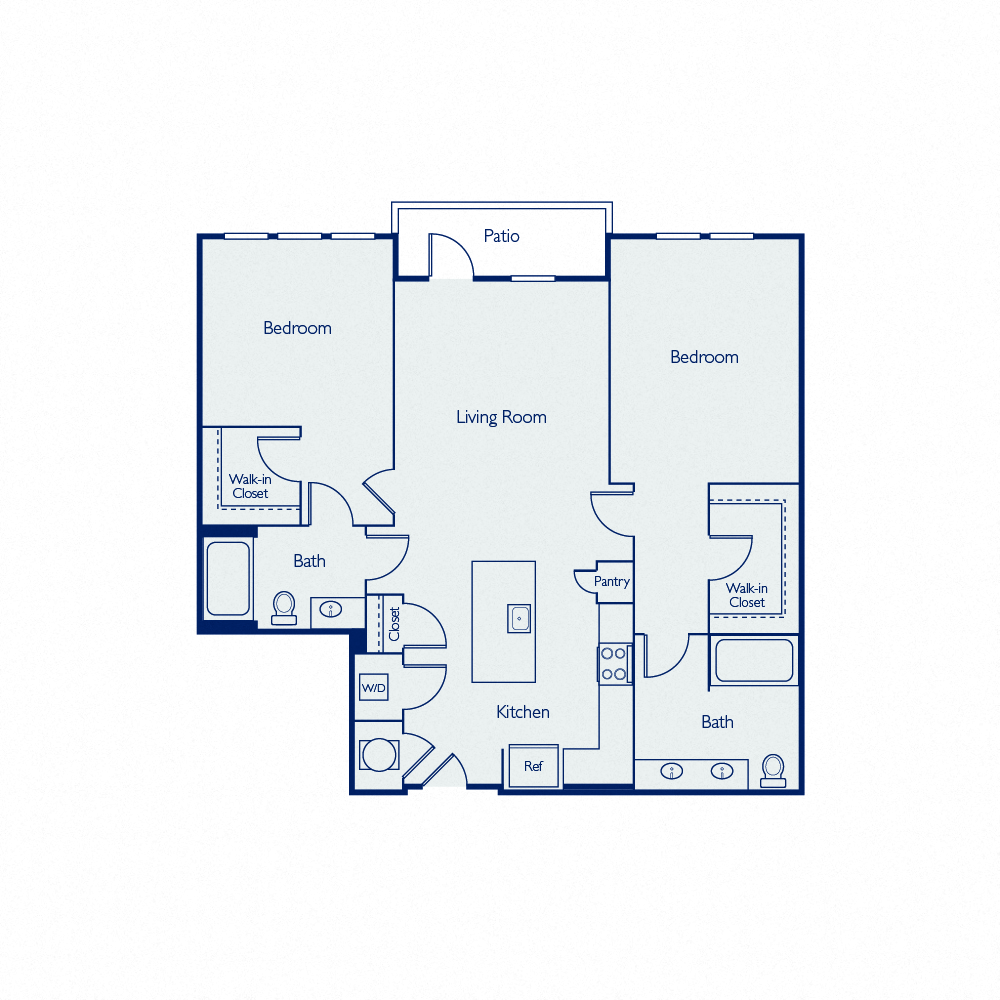 Floor plan for 2 beds, 2 baths, 1102 sqft