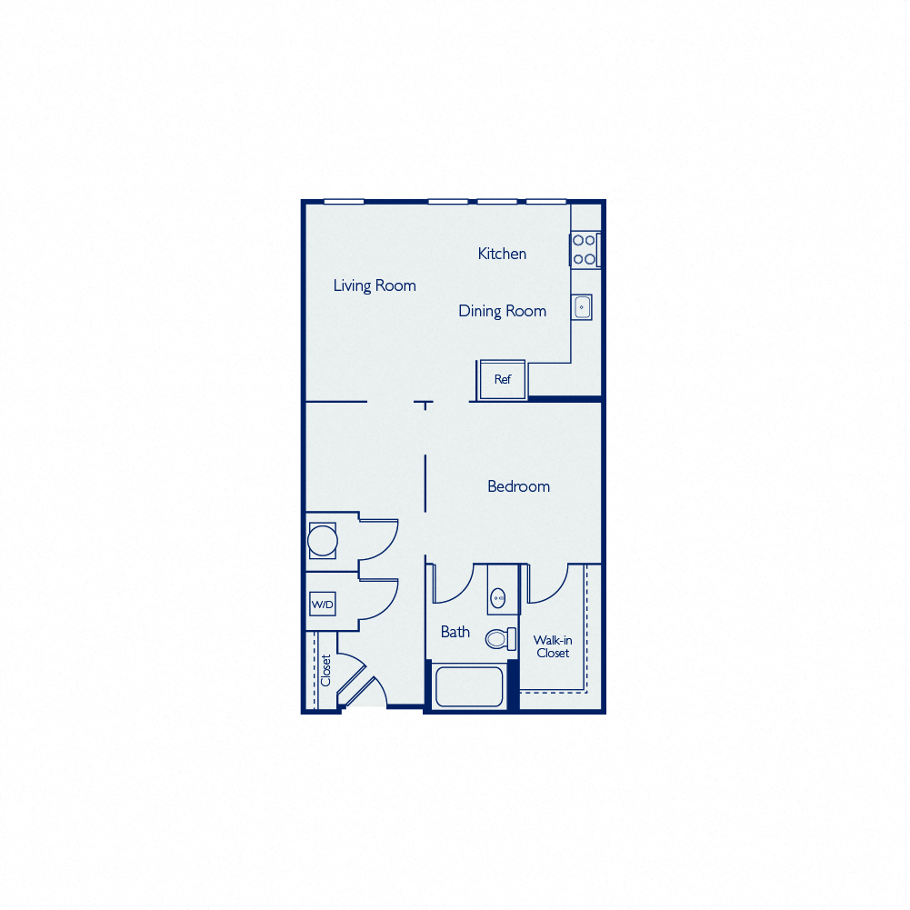 Floor plan for studio, 1 bath, 669 sqft