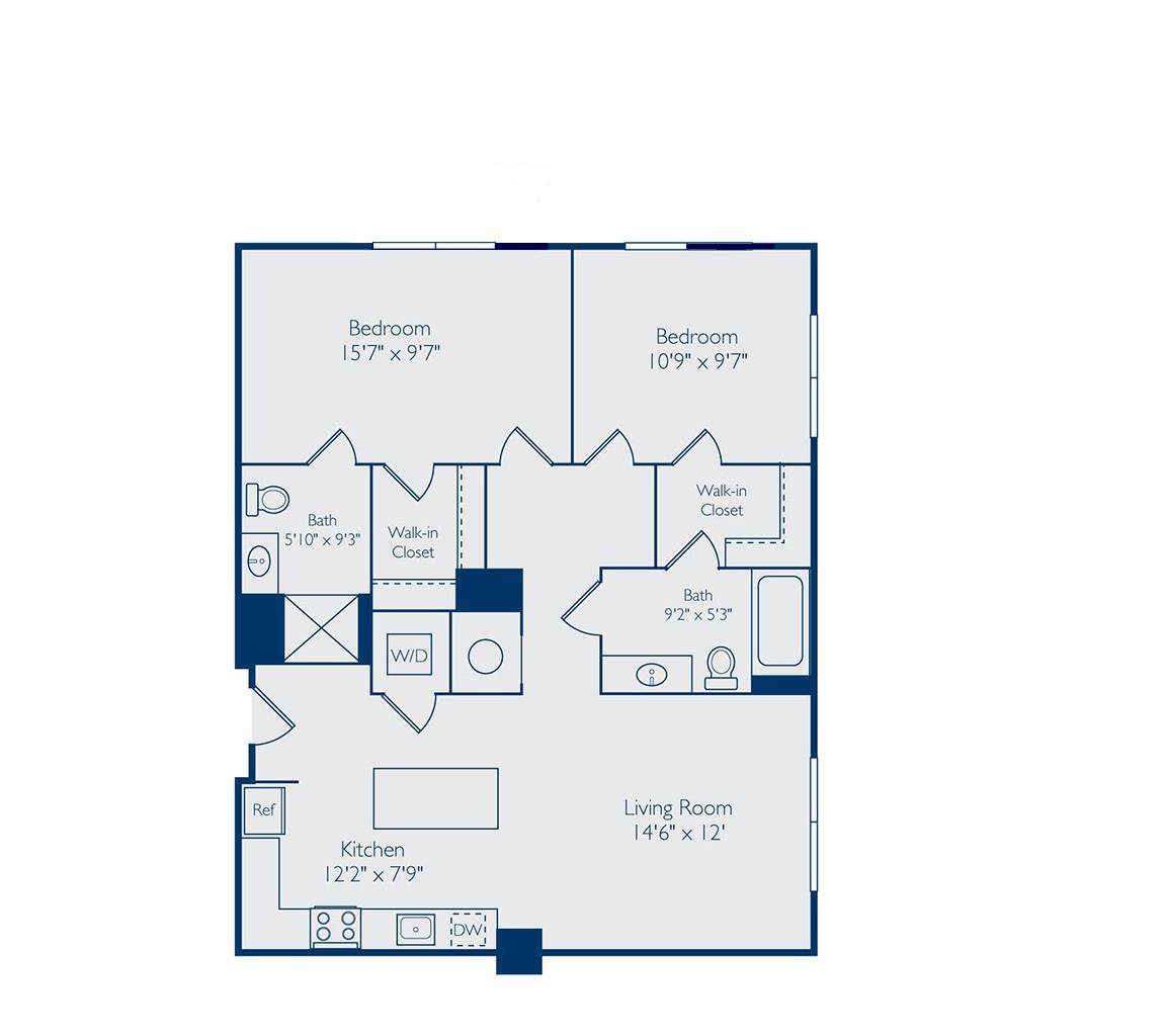 Floor plan for 2 beds, 2 baths, 954 sqft