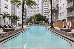 Tampa apartment for rent - A large indoor pool surrounded by palm trees and lounge chairs.