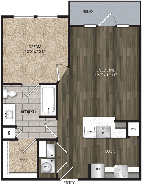 Floor plan for 1 bed, 1 bath, 652 sqft