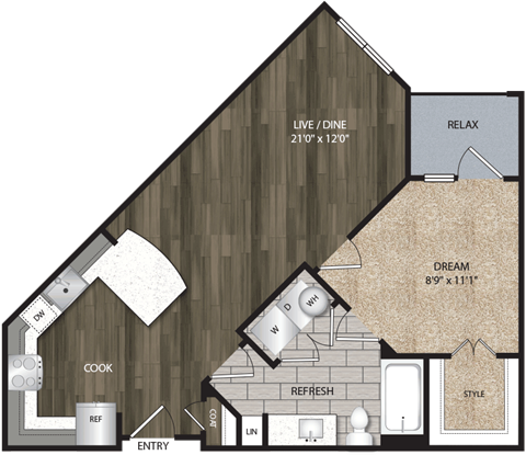 Floor plan for 1 bed, 1 bath, 720 sqft