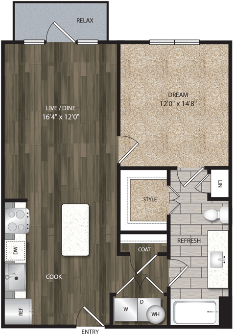 Floor plan for 1 bed, 1 bath, 744 sqft