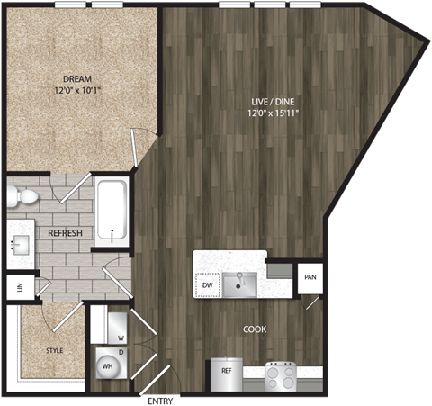 Floor plan for 1 bed, 1 bath, 748 sqft
