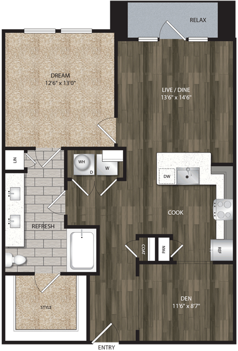 Floor plan for 1 bed, 1 bath, 910 sqft
