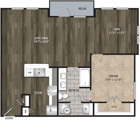 Floor plan for 1 bed, 1 bath, 954 sqft