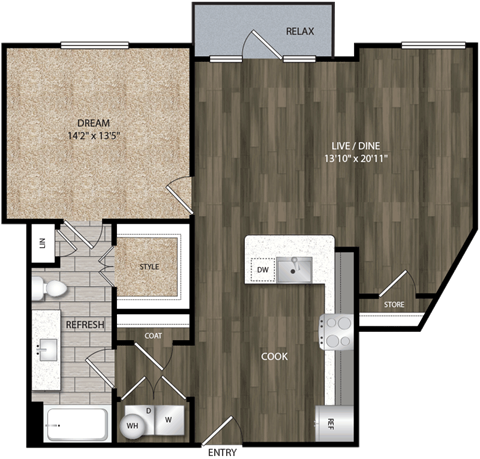 Floor plan for 1 bed, 1 bath, 957 sqft