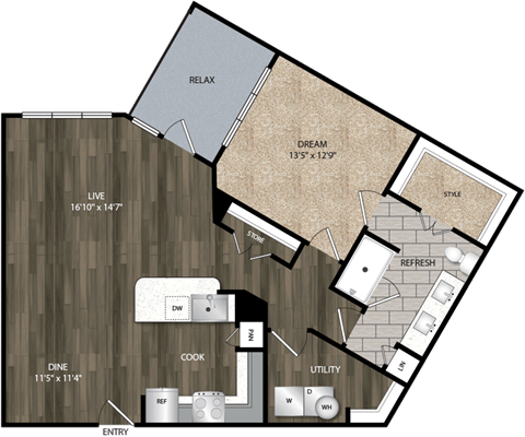 Floor plan for 1 bed, 1 bath, 967 sqft