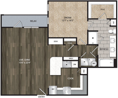 Floor plan for 1 bed, 1 bath, 992 sqft