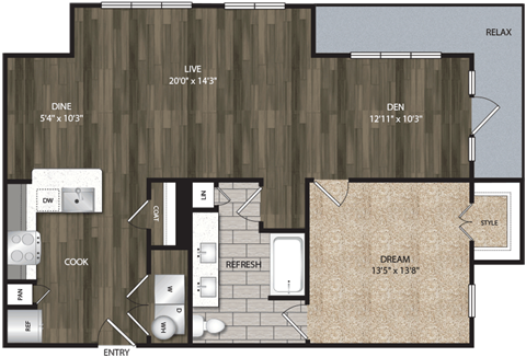 Floor plan for 1 bed, 1 bath, 1025 sqft
