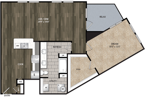 Floor plan for 1 bed, 1 bath, 1162 sqft