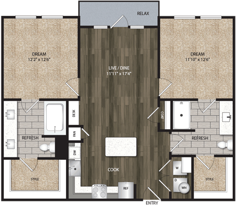 Floor plan for 2 beds, 2 baths, 988 sqft