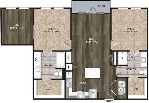 Floor plan for 2 beds, 2 baths, 1103 sqft