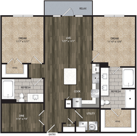 Floor plan for 2 beds, 2 baths, 1176 sqft