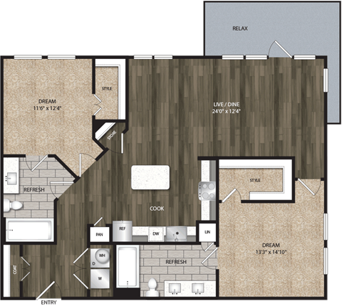 Floor plan for 2 beds, 2 baths, 1188 sqft