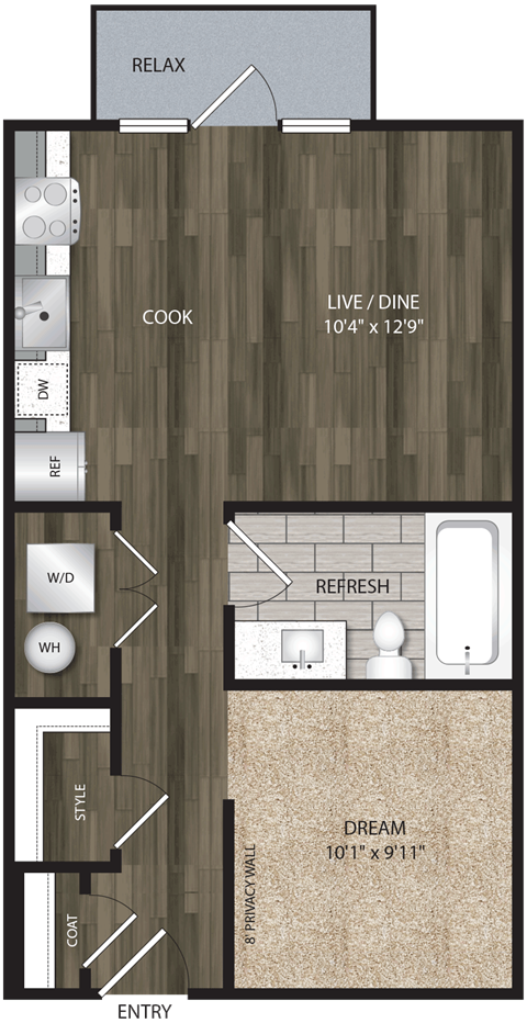 Floor plan for studio, 1 bath, 540 sqft